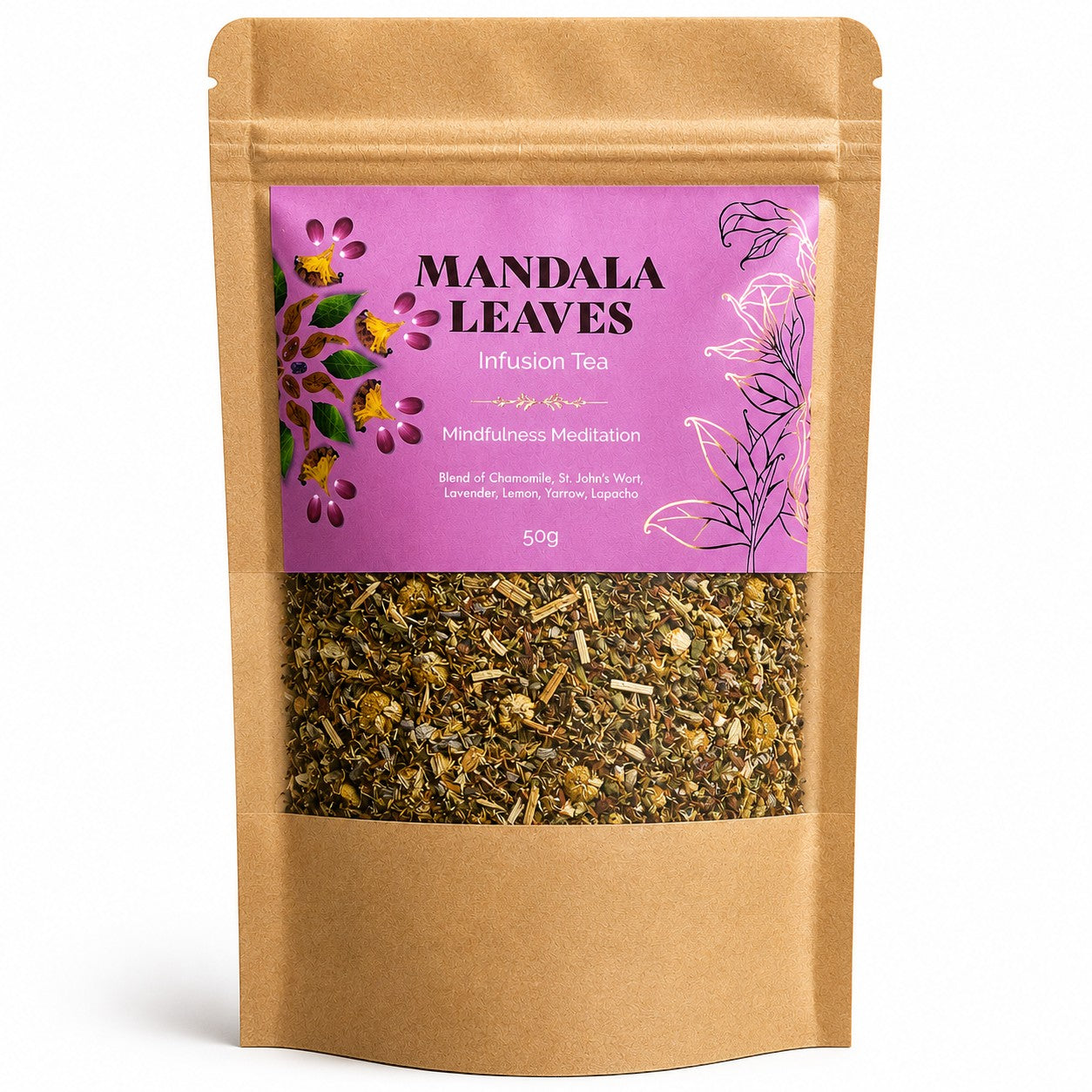 Givva Gifts Mindfulness Meditation infusion tea in a 50g kraft paper pouch with a purple floral label.